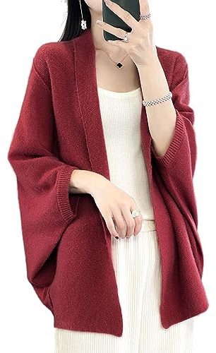 Ailaile Poncho Ruana pour femme en laine mérinos avec étole, cardigan en tricot ouvert sur le devant pour l'automne et l'hiver, Rouge, Taille unique