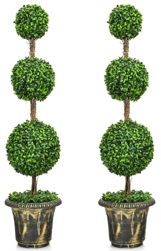 GIANTEX Árbol de Boj Artificial con Bolas, Planta Realista de Interior y Exterior en Maceta Rellena de Cemento para Decoración del Salón, Patio, Balcón, Boda, Arbustos (30x 30x120cm)