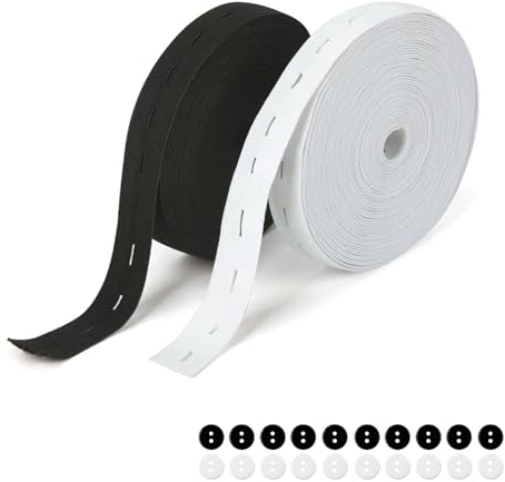 2 Rollen Knopflochgummi, Gummiband mit Knopfösen und 20 Knöpfe, Breite Gummiband, Gummiband Nähen, Elastisches Gummiband mit Knopfösen für Nähen, Stricken (Schwarz + Weiß)