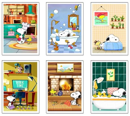 DKORARTE Set di 6 quadri base in legno, decorazione soggiorno moderni, camere da letto, camera da letto, camera da letto, Snoopy con ganci metallici, 29 x 20 cm per quadro