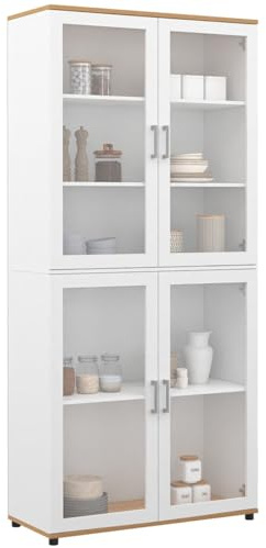 IDMarket - Vitrina Buffet Alto H. 176 cm alacena VITO 4 Puertas acristaladas Blanco y Madera
