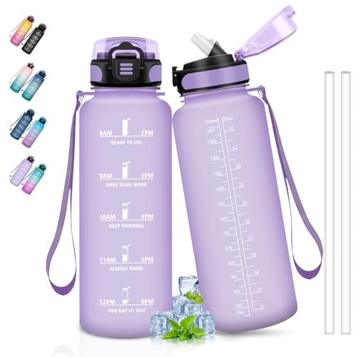 Grsta Botella deportiva de 1,5 L con pajita, marca de tiempo, a prueba de fugas, ideal para gimnasio, senderismo, yoga, al aire libre