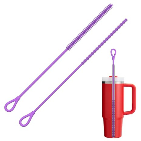 YOTIME Silicone Straw Cleaner Brush, 2Pcs Reusable Straw Brush Extra Long for Cleaning Tumbler with Handle and Glass Metal Smoothie Straws, Non-slip Handle Soft and Bendable, 6mm+9mm, Purple