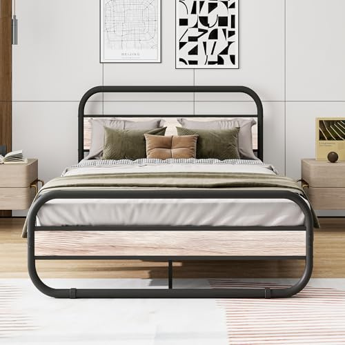 HOMERECOMMEND Dubbelsängsram med sänggavel, ovalformad plattformssäng med förvaring under sängen, stålribbor madrass foundation rund rördesign sängram dubbel, lönn