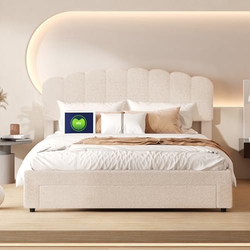 YYXLDYNB Lit Capitonné 160x200cm,Lit 2 Personnes avec Tiroir de Rangement et Port USB,Tête de lit Réglable en Hauteur,Facile à Assembler,Lits Tiroir avec Sommier à Lattes,Velours Teddy, Beige