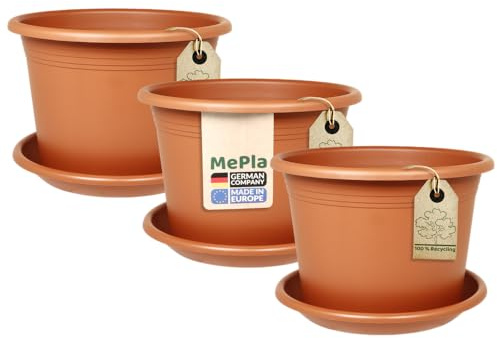 MePla Set di 3 vasi da fiori cilindrici ø18 cm + sottobicchiere ø17 cm Terra, resistente alle intemperie in plastica UV-resistente