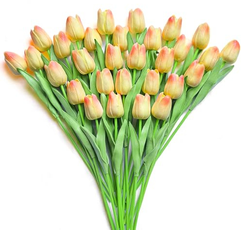 Subacy 30 PCS Artificial Tulips Real Touch Tulips 13.5inch Long Stem Fake Flowers Silk Flowers for Spring Easter Mother's Day Decorations（Champagne+Pink）