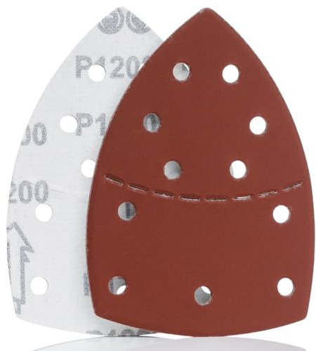 YoiYee 1200 Grit Mouse Detail Sander Sandpaper Sheets, 10 Pack | 154x106mm delta size, 11 dust holes, aluminium oxide abrasive, nylon hook loop backing, fits multi-sanders