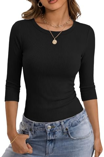 GKBK Womens 3/4 Sleeve Ribbed Tops Slim Fitted Tight Basic T-Shirts Crewneck Layering Lightweight Fall Sweaters 2025 Fashion Outfits Black