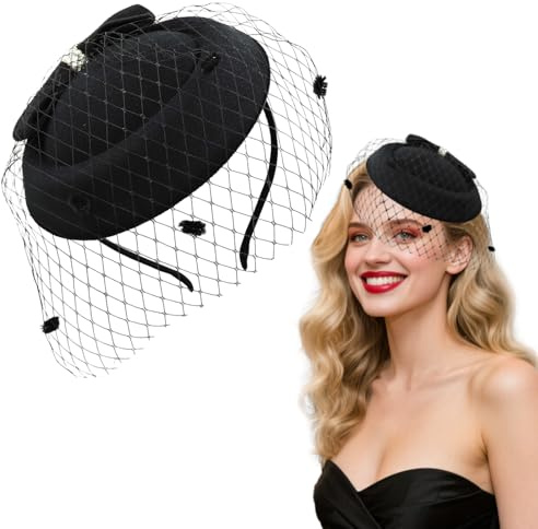 Fgdui 1PCS Gauze Fascinator Pillbox Hat Black 1940s Retro Hat Bowknot Side Clip Pillbox Hats Veil Headband Black Funeral Hats for Women Tea Party Wedding