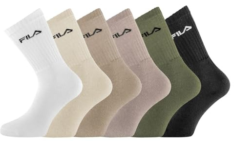 FILA Calzini da uomo in cotone rigenerato, set di 6 calzini alti da uomo, Tennis, Beige/Marrone/Cachi/Nero, 35-38