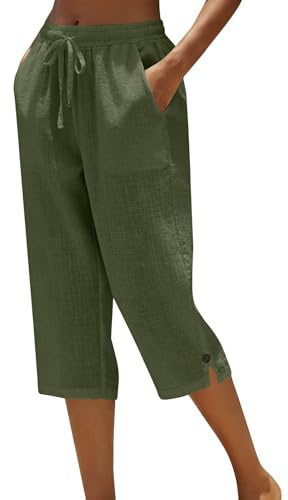 Pantacourt Femme Été Pantalon 3/4 en Coton et Lin Ample Fluide Pantalon de Jogging avec Cordon de Serrage Pantalons Bouton à la Cheville Sport Décontracté Bas pour Yoga Randonnée Mi-Saison,S-5XL