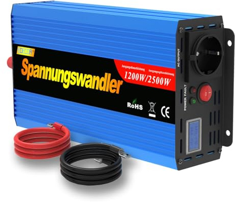 EDECOA Spannungswandler 1200w wechselrichter 12v auf 230v Spannungswandler Modifizierter 12v 230 mit LCD und Kabeln