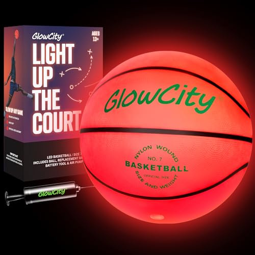 GlowCity Glow in The Dark Basketball - Size 7 Light Up Ball for Teen Boys Gifts, Adults - Red Glow for Outdoor Games - Sports Birthday Gift Ideas for Boys Ages 12 13 14 15 Basketball Gear Accessories