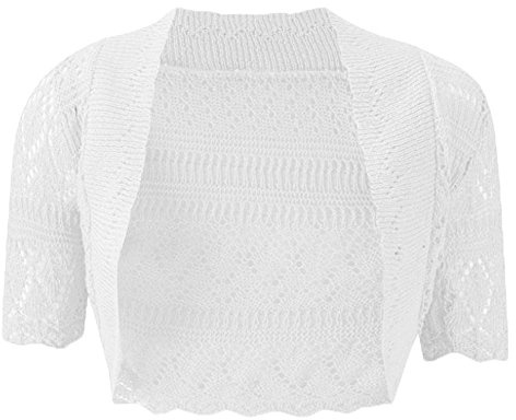 New Womens Knitted Ladies Bolero Short Sleeve Cardigan Crochet Shrug (Medium(UK12-14)(US8-10)(EU40-42), White)