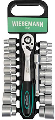 WIESEMANN 1893 Juego de 20 vasos 8-32 mm para llave de carraca de 1/2 y soporte Acero al cromo vanadio | Portapuntas de 125 mm | Vasos hexagonales I 80041