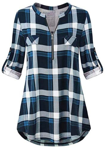 Odosalii Chemisier Femme Tunique Chemise Carreaux Demi Manches Blouse Carreaux T-Shirt Casual Vintage Top Chic Fermeture Éclair Col V