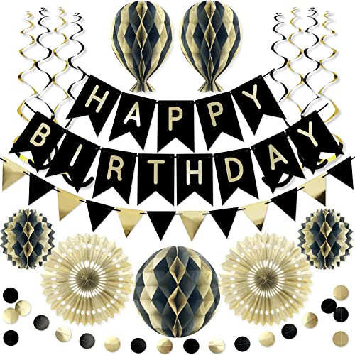 Premium Wiederverwendbare Geburtstagsdeko Mann - Schwarz Gold Deko Geburtstag / Party Deko - Happy Birthday Girlande, Wimpelkette Geburtstag, Wabenbälle - Happy Birthday Deko (Schwarz Gold Partydeko)