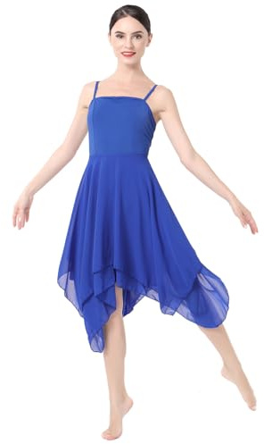 ODASDO Women Lyrical Dance Dress Ballet Modern Contemporary Dance Costume Spaghetti Straps Handerkerchief Hem Chiffon Flowy Skirt Ballroom Cha Cha Clothes Royal Blue S