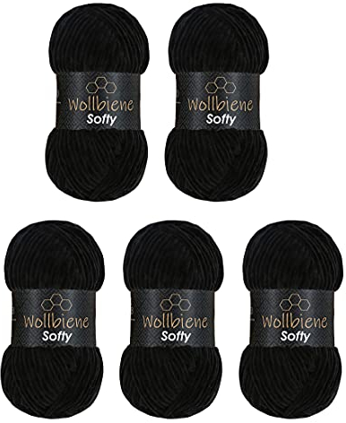 Wollbiene Softy 5 x 100 Gramm Chenillewolle Strickwolle, Babywolle, 500 Gramm Wolle Super Bulky (schwarz 77)