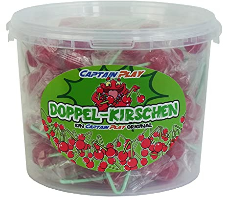 CAPTAIN PLAY - Bonbonnière avec 70 Sucettes Doubles - Sucettes avec deux Têtes - Aromatisés à la Cerise - dans Embollage individual - Boîte de 945g