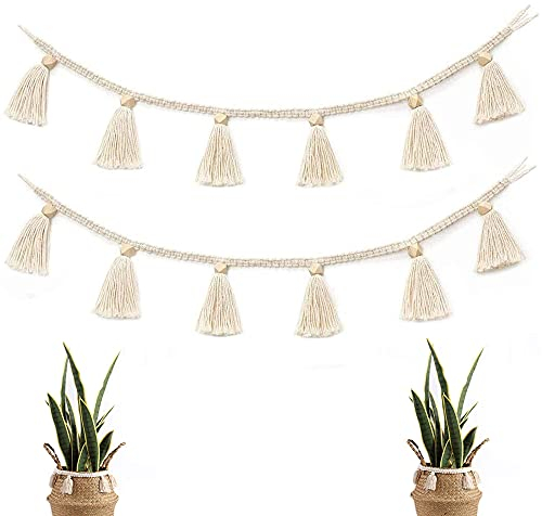 2 Piezas Tapicería Tejida Mano Bohemio, Colgante de Pared de Macramé Tapiz, Borla Colgante de Algodón y Lino Tapiz Banner Algodón para Cuarto de Niños, (Color del Arco Iris) (Blanco)