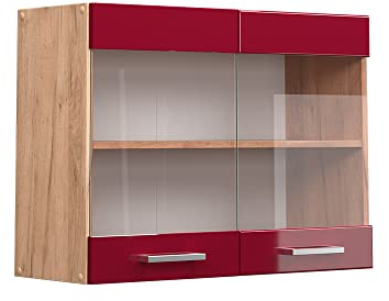 Vicco Küchenglasschrank R-Line, Bordeaux Hochglanz/Goldkraft Eiche, 80 cm