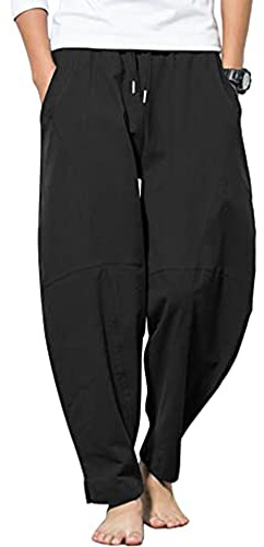 YAOBAOLE Strandhose Herren Lang Herren Baumwoll Leinenhose Leichte lose Sommerhose Herren Schwarz XL