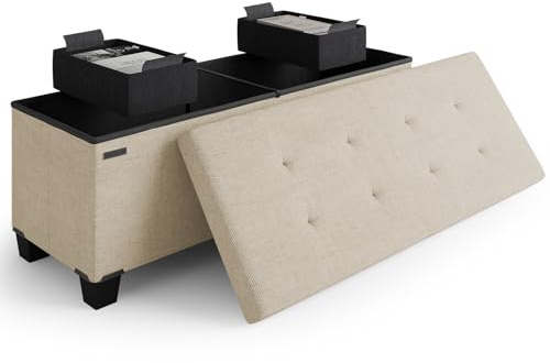 Storage Ottoman Bench with Bins, 43-in Storage Bench for Bedroom End of Bed, Folding Foot Rest Ottoman for Living Room Max 660lbs, Fabric Ottomans, Beige