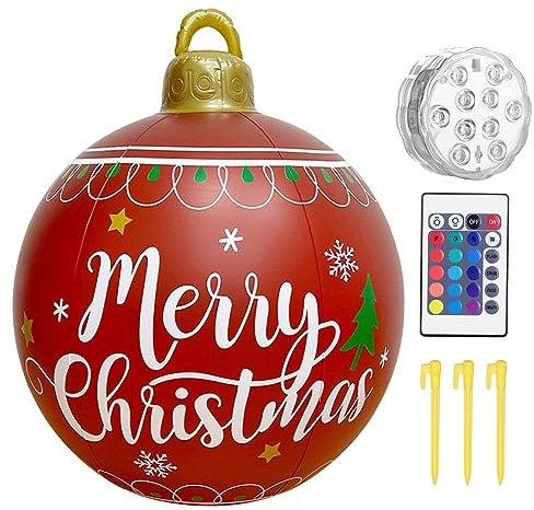 60cm Leuchtende LED Weihnachtsball mit Fernbedienung, aufblasbar Weihnachtskugeln mit Erdspießen, Weihnachten PVC-Weihnachtskugel Party Deko, Weihnachtsdeko drinnen und Außen (A)