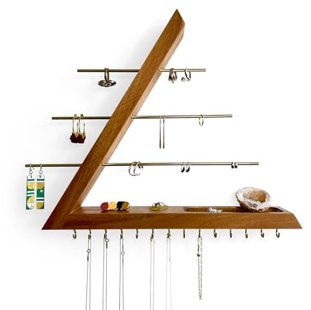 FigureGrain Jewelry Organizer Wall Mounted, Hardwood Hanging Jewelry Holder, Open Triangle Jewelry Display Shelf for Necklaces, Earrings, Rings and Bracelets, Gift for her, Patented (Acacia)