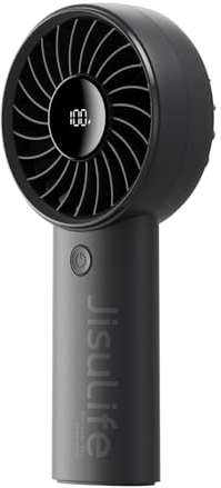 JISULIFE Handventilator, 5000mAh Akku, verbesserter tragbarer Ventilator mit starkem Wind, USB wiederaufladbarer Mini Handventilator mit Digitalanzeige, ideal für Reisen/Strand/Schule(Schwarz)