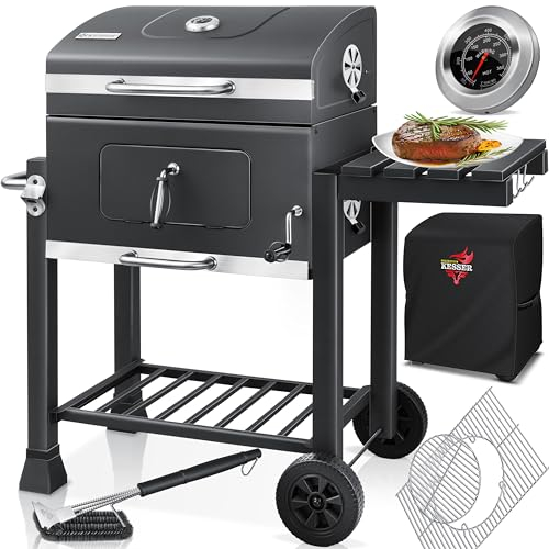 KESSER® Parilla de Carbón con Carrito Grill con Tapa, Ruedas, Mango de Acero Inoxidable | Barbacoa, Cepillo, Cubierta y Termómetro Carbón Wagen Grande BBQ Barbacoa Camping, Jardín XL Gris
