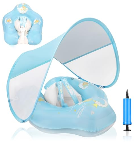 LOOWARTS Salvagente Neonato 1 anno,Ciambella Neonato mare 3-12 mesi, Salvagente Neonato con Parasole e Seggiolino di Sicurezza,Piscina Salvagente Bambini Gonfiabile UPF50+ Protezione UV.