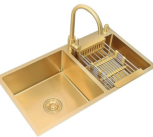Küchenspüle-Wasserhahn, goldenes Doppelwaschbecken, Küchenspüle, großes Fassungsvermögen, Edelstahlspüle, Goldener Wasserhahn inklusive Zubehör (Größe: 82 x 45 x 22 cm)