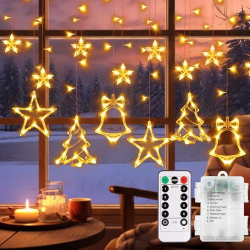 echosari Christmas Window Lights Battery Operated, 3.5M Curtain Lights with Remote Timer 138 LED Hanging String Lights for Wedding Party Garden Bedroom Christmas Window Decor
