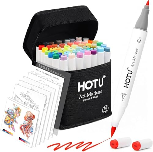 HOTU Pennarelli ad alcol 50 colori, Doppia punta a pennello e fine, Pennarelli professionali per disegno, Set di penne con custodia e divisori, Ideali per schizzi, illustrazioni e colorazione