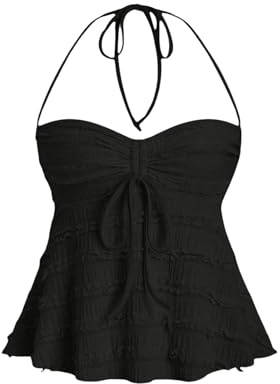 GORGLITTER Women's Ruched Flared Sleeveless Halter Tie Tops Frill Trim Drawstring Bow Front Skinny Party Tunic Tops