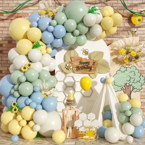 Pastel Green Blue Yellow Balloon Arch Kit, Green Blue Yellow Balloons garland Arch Kit, Ivory White Balloons For Bear Honey Bee Theme Birthday Baby Shower Party Wedding Anniversary Decorations