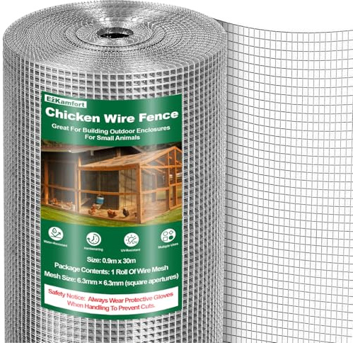 Chicken Wire Fencing-0.9mx30m, Holes 0.6mm Galvanized Welded Chicken Wire Mesh Roll, Aviary Fence Wire, Hot Dipped Mesh Fencing, Hardware Cloth Coop, Rabbit, Snake, Animal Enclosure