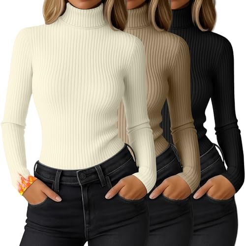 Ficerd Lot de 3 Hauts Col Roulé Thermique Femme à Manches Longues Côtelé Élastique Ajusté Léger T-Shirt de Base(L,Noir, Kaki, Crème)