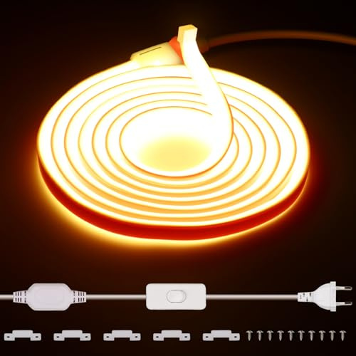 230 V COB LED Strip 5M, 288 LED/m Super Bright High Density IP65 Waterproof for Outdoor Lighting Strip Warm White 3000K Flexible LED Strip with Switch for DIY Indoor and Outdoor Lighting Projects