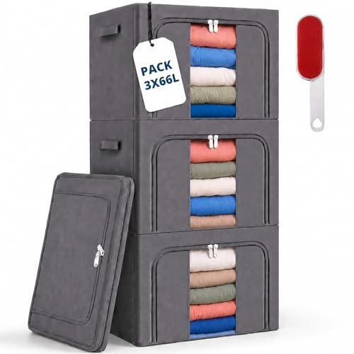 RICHXEL Cajas Almacenaje Ropa 66L Pack 3 (198L) Rígida Ventana Transparente