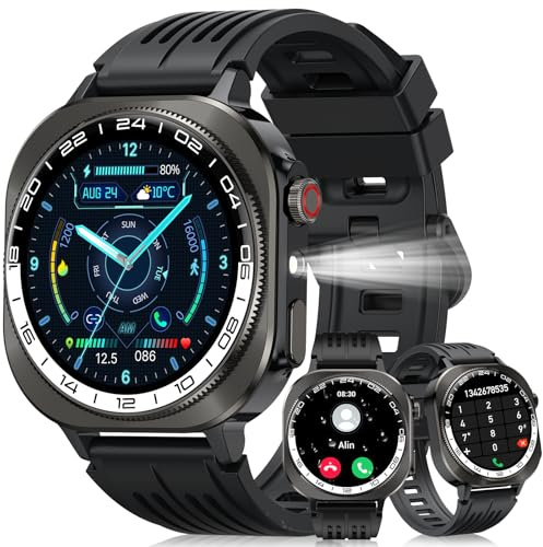 Soudorv Militär Smartwatch Herren Damen, 2025 Neu 1.43″ AMOLED Fitnessuhr mit Telefonfunktion, Smart Watch mit LED Taschenlampe/130+ Sportmodi/Herzfrequenz, IP68 Wasserdicht Sportuhr für iOS Android