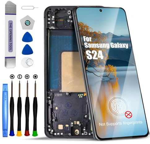 DTD display för Samsung Galaxy S24 5G LCD SM-S921B, SM-S921B/DS skärm ersättning pekskärmsmontering med verktyg (svart med ram, utan fingeravtrycksigenkänning)