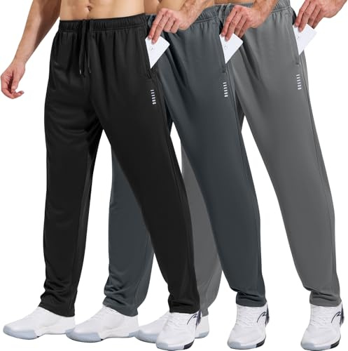 HUAKANG Paquete de 3 Pantalon Chandal Hombre Pantalones de Entrenamiento para Gimnasio con Bolsillos con Cremallera 3029-Black Dark Light Gray-XL