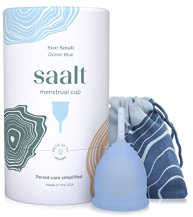 Saalt Menstrual Cup - Premium Design - Most Comfortable Period Cup - #1 Active Cup - Wear for 12 Hours - Soft, Flexible, Reusable Medical-Grade Silicone (Small, Ocean Blue)