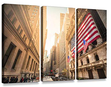 New York Stock Exchange, Wall Street, USA Print On Canvas Wall Artwork Modern Photography Home Decor Unique Pattern Stretched and Framed 3 Piece