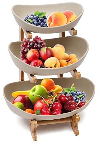 Fetcoi Kunststoff 3 Tier Obst und Snack Tray mit natürlichen Bambus-Ständer für Obst, Brot, Snacks, Obstkorb Obstkorb Gemüse (Erde Farbe)