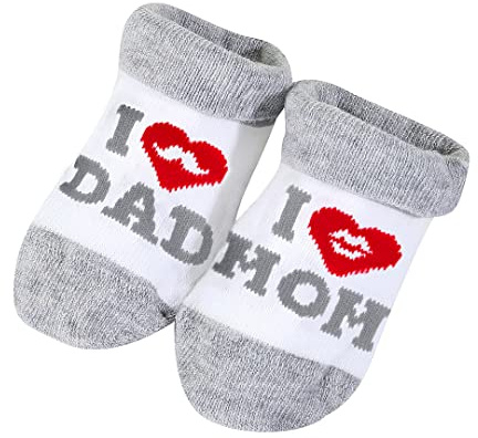 QZOSZ Calcetines Bebé Recién Nacido 0-3 Meses, Medias Bebe Niño 0-3 Meses Algodón Cálido Con Escritos Divertidos I love DAD MOM Regalos Para Recién Nacidos Bebés Niño